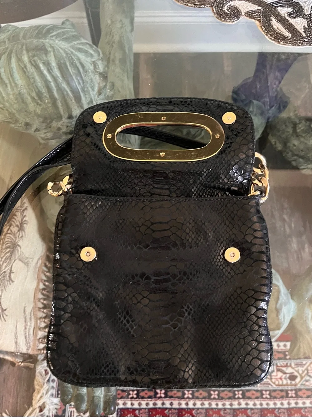 Michael Kors Berkley Black Faux-Snake Crossbody Bag with Gold Accent